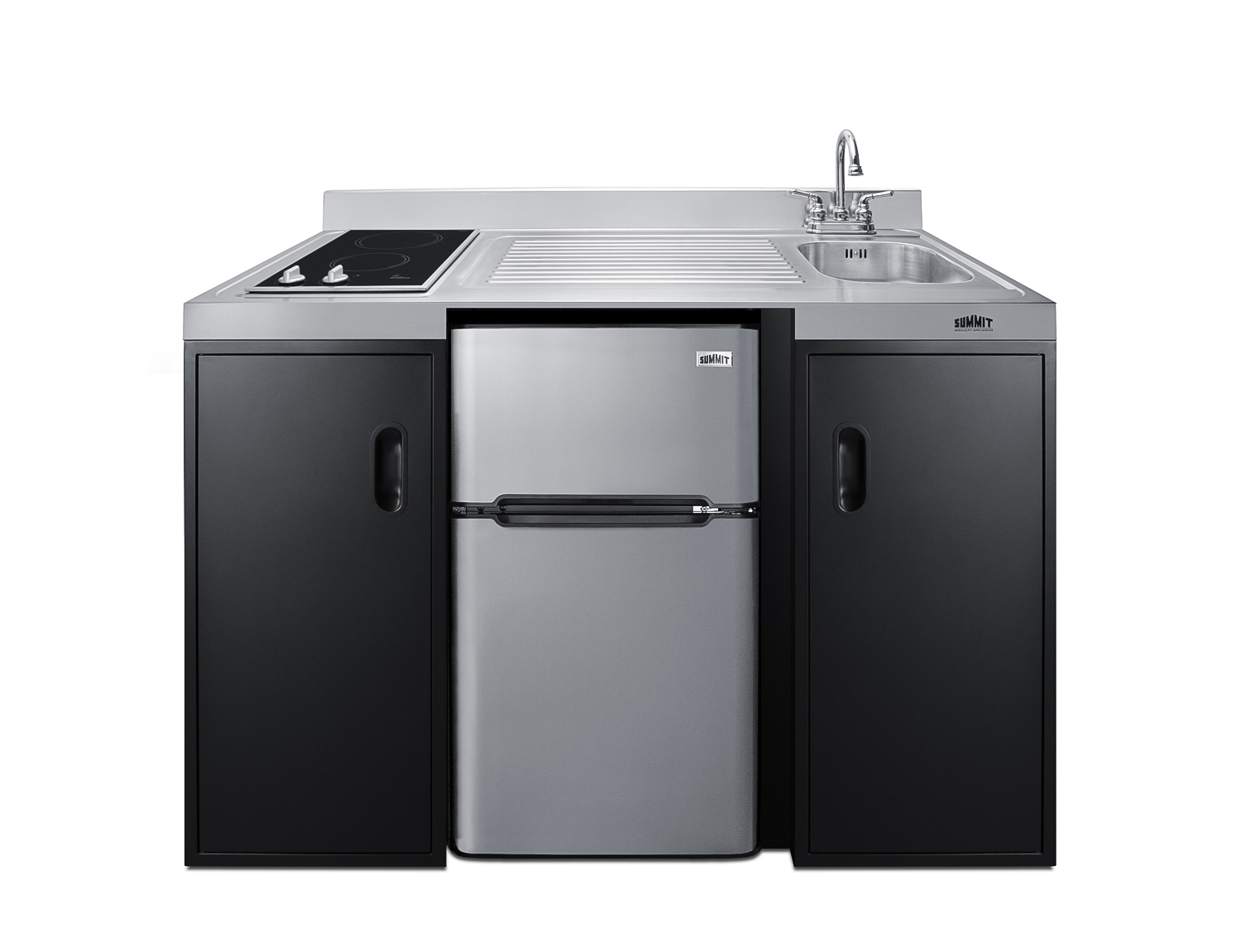 54 inch wide ADA counter height all-in-one kitchenette in black with a removable 2-burner 115V smooth top cooktop, 2-door refrigerator-freezer, sink, and two storage cabinets
